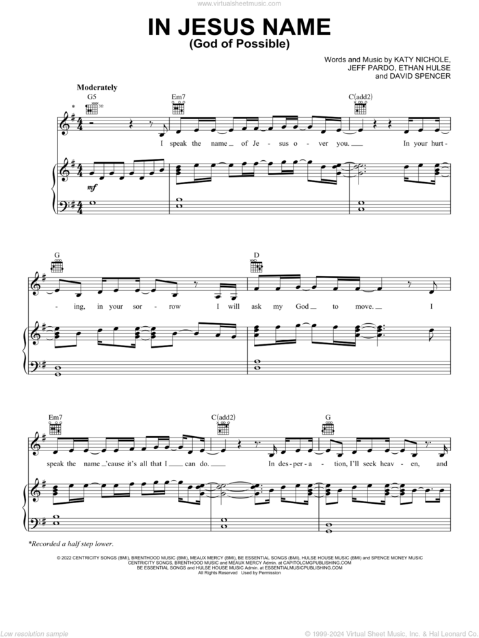 In Jesus Name (God Of Possible) sheet music for voice, piano or guitar by Katy Nichole, David Spencer, Ethan Hulse and Jeff Pardo, intermediate skill level