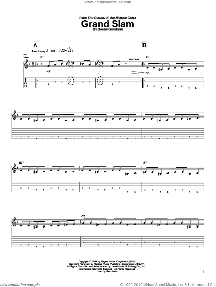 Grand Slam sheet music for guitar (tablature) by Charlie Christian and Benny Goodman, intermediate skill level
