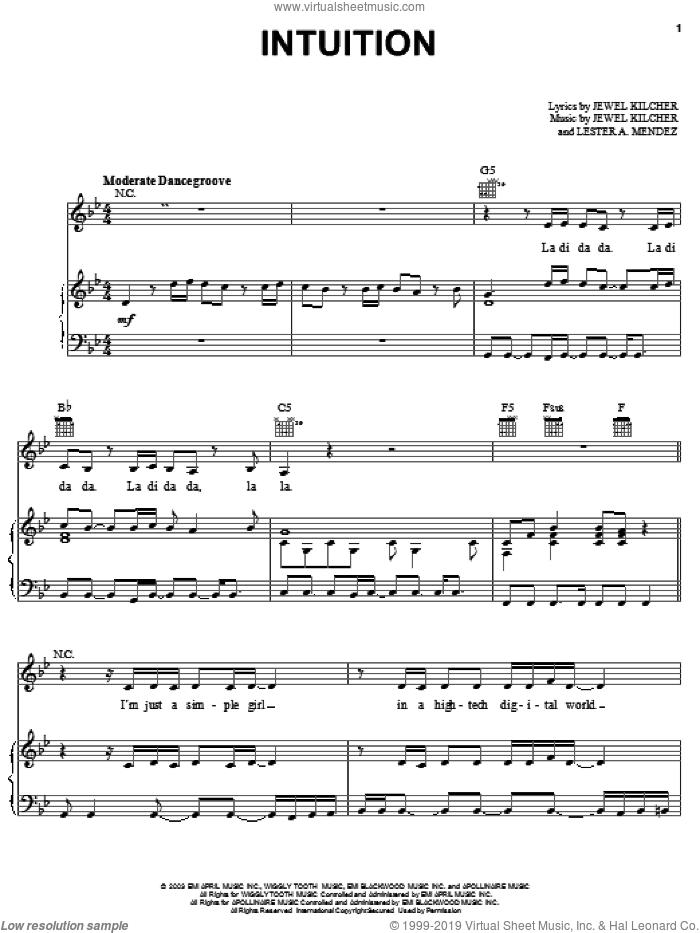 Intuition sheet music for voice, piano or guitar by Jewel, Jewel Kilcher and Lester Mendez, intermediate skill level