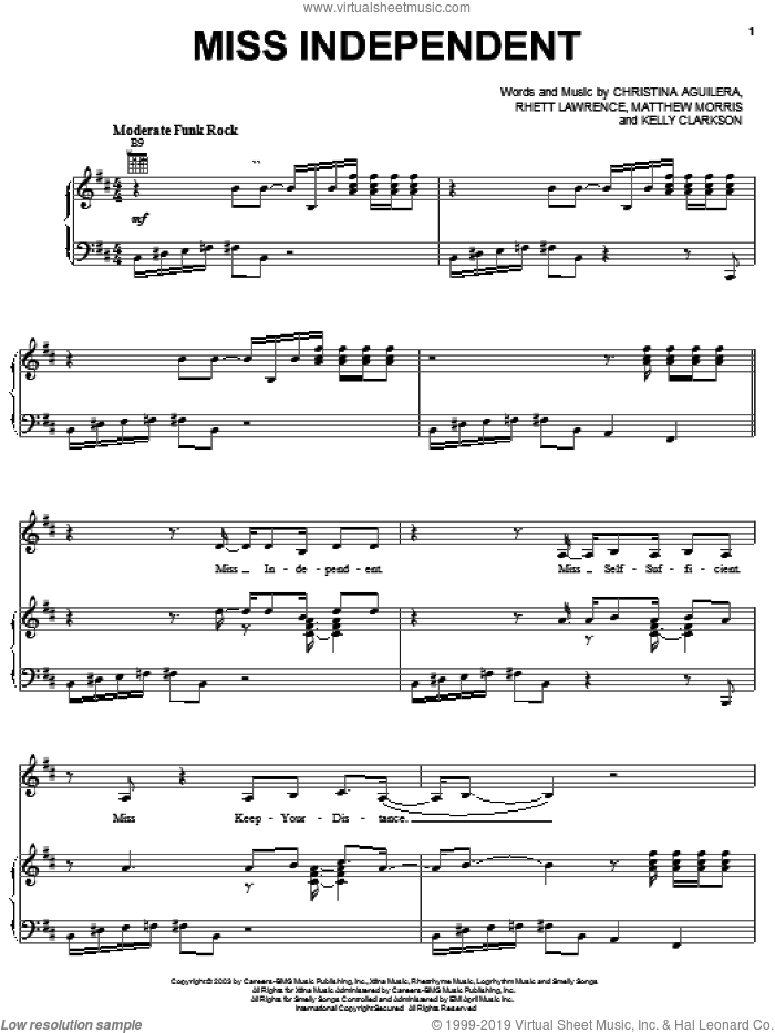 Miss Independent sheet music for voice, piano or guitar by Kelly Clarkson, Christina Aguilera and Matthew Morris, intermediate skill level