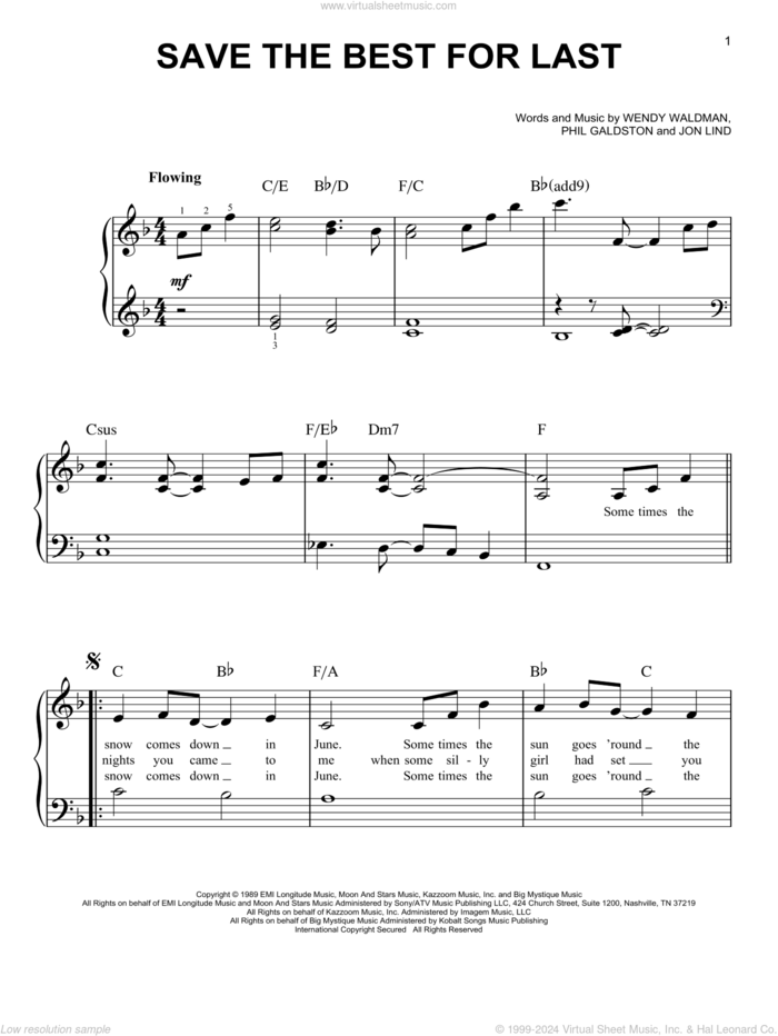 Save The Best For Last sheet music for piano solo by Vanessa Williams, Jon Lind, Phil Galdston and Wendy Waldman, wedding score, easy skill level