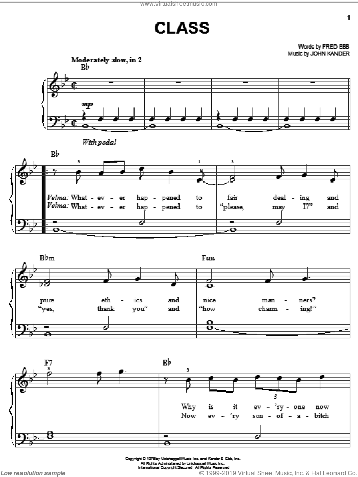 Class sheet music for piano solo by Fred Ebb and John Kander, easy skill level