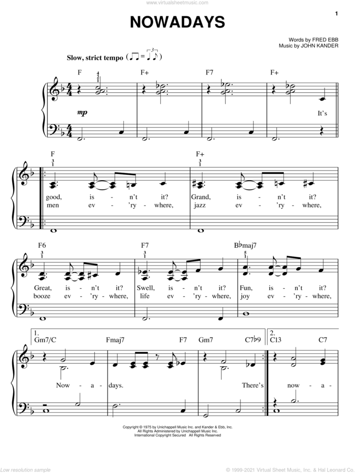 Nowadays sheet music for piano solo by Kander & Ebb, Chicago (Musical), Fred Ebb and John Kander, easy skill level