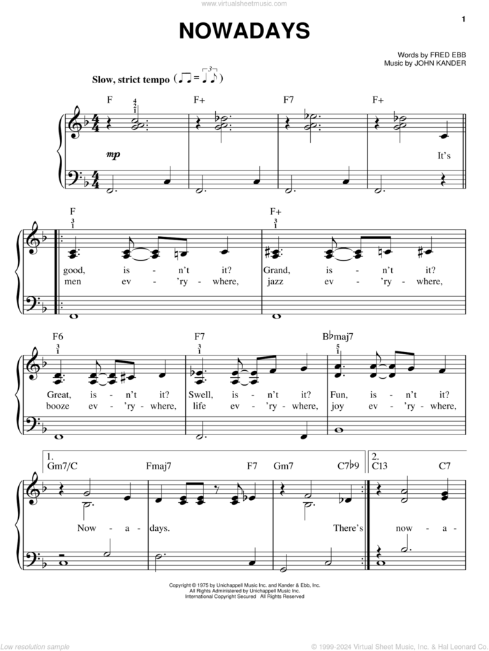 Nowadays sheet music for piano solo by Kander & Ebb, Chicago (Musical), Fred Ebb and John Kander, easy skill level