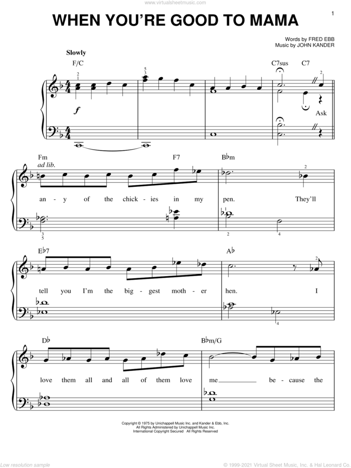 When You're Good To Mama sheet music for piano solo by Kander & Ebb, Chicago (Musical), Fred Ebb and John Kander, easy skill level