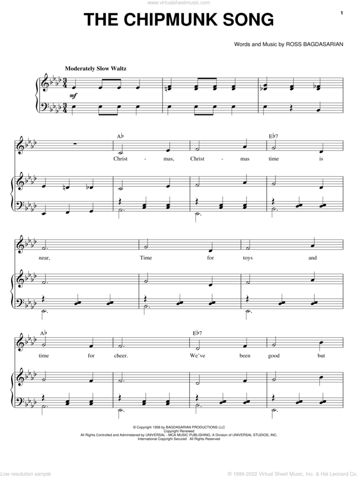 The Chipmunk Song sheet music for voice and piano by Alvin And The Chipmunks and Ross Bagdasarian, intermediate skill level