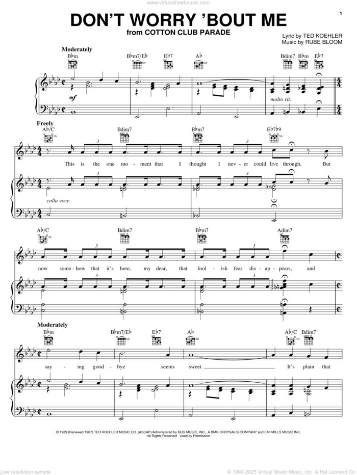 Don't Worry 'Bout Me sheet music for voice, piano or guitar by Frank Sinatra, Rube Bloom and Ted Koehler, intermediate skill level