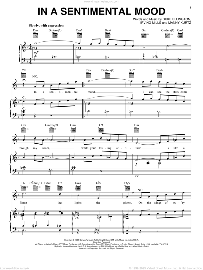 In A Sentimental Mood sheet music for voice, piano or guitar by Duke Ellington, Billy Joel, Irving Mills and Manny Kurtz, intermediate skill level