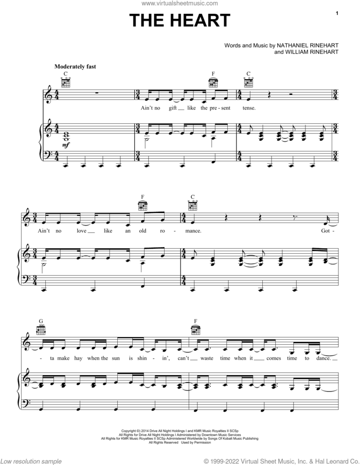 The Heart sheet music for voice, piano or guitar by NEEDTOBREATHE, Nathaniel Rinehart and William Rinehart, intermediate skill level