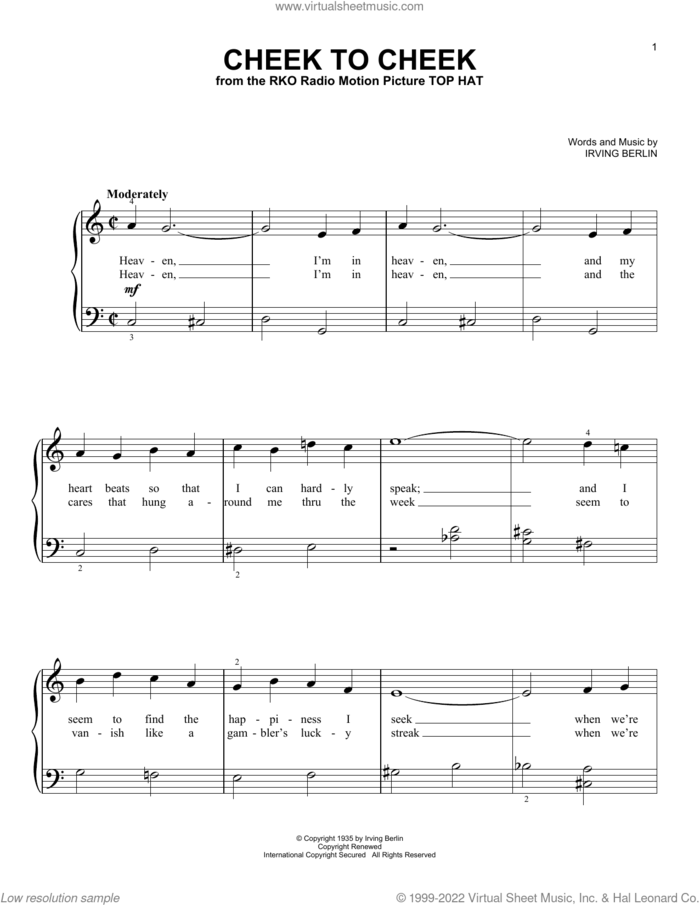 Cheek To Cheek, (beginner) sheet music for piano solo by Irving Berlin and Fred Astaire, beginner skill level