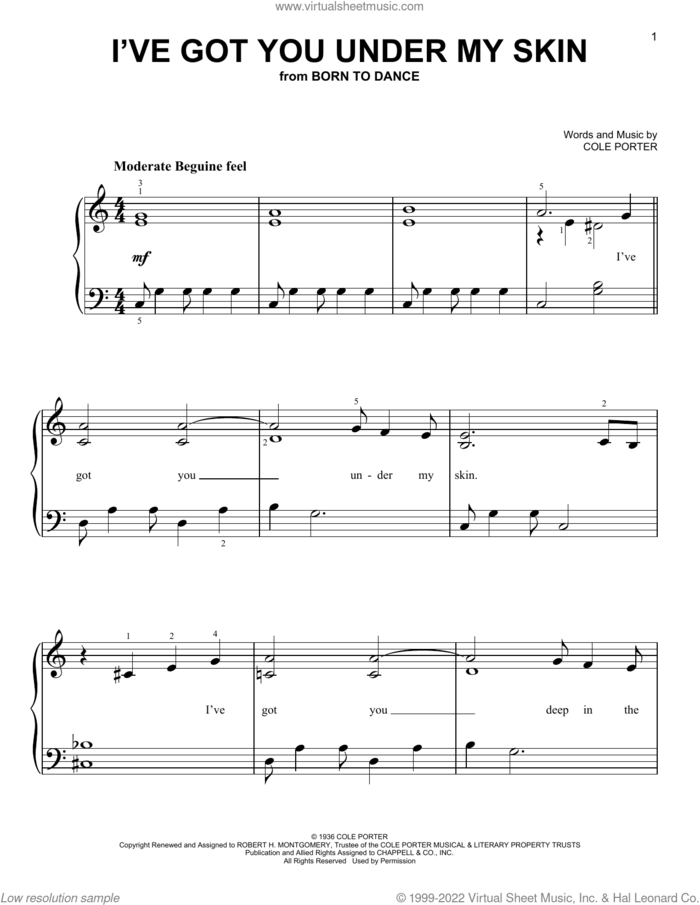 I've Got You Under My Skin sheet music for piano solo by Cole Porter, beginner skill level