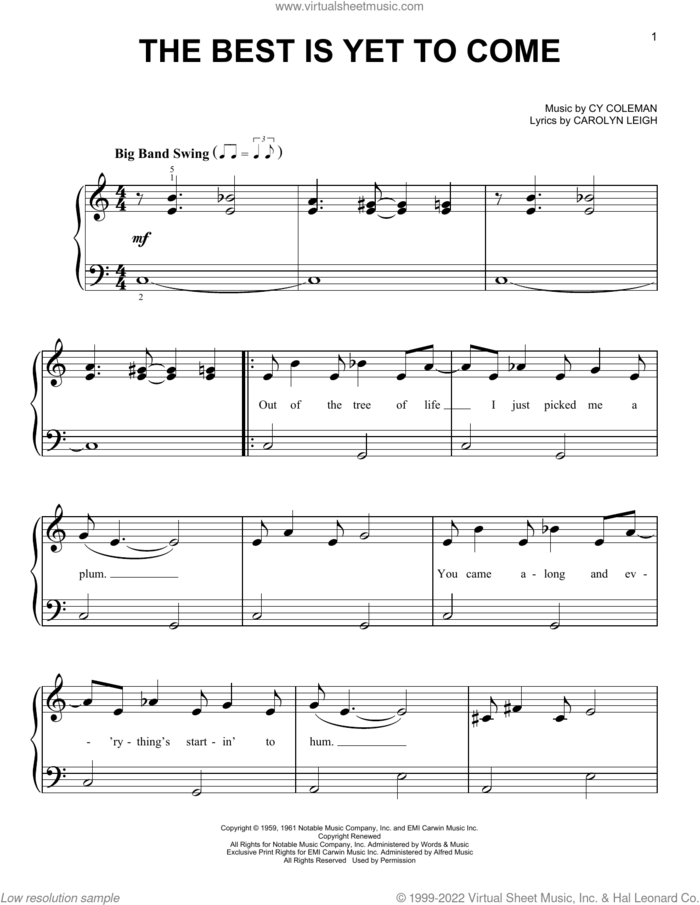 The Best Is Yet To Come sheet music for piano solo by Frank Sinatra, Michael Buble, Carolyn Leigh and Cy Coleman, beginner skill level
