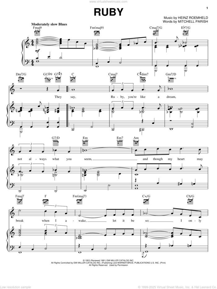 Ruby sheet music for voice, piano or guitar by Mitchell Parish and Heinz Roemheld, intermediate skill level