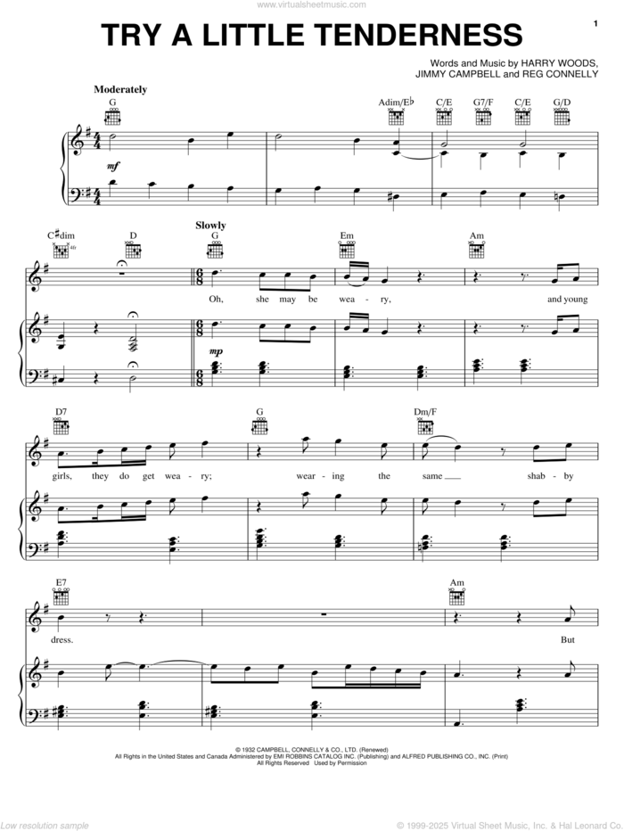 Try A Little Tenderness sheet music for voice, piano or guitar by Frank Sinatra, Harry Woods, Jimmy Campbell and Reg Connelly, intermediate skill level