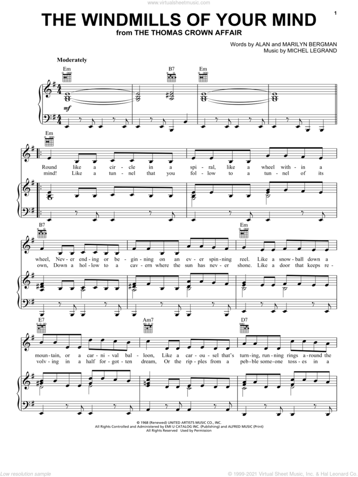 The Windmills Of Your Mind sheet music for voice, piano or guitar by Michel LeGrand, Alan Bergman and Marilyn Bergman, intermediate skill level