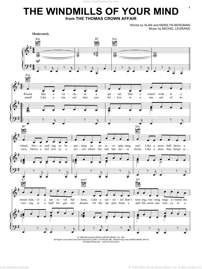 The Windmills Of Your Mind sheet music for voice, piano or guitar by Michel LeGrand, Alan Bergman and Marilyn Bergman, intermediate skill level