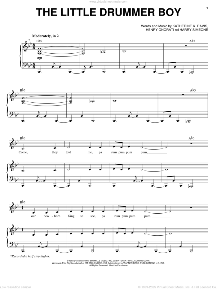 The Little Drummer Boy sheet music for voice, piano or guitar by Katherine Davis, Harry Simeone and Henry Onorati, intermediate skill level