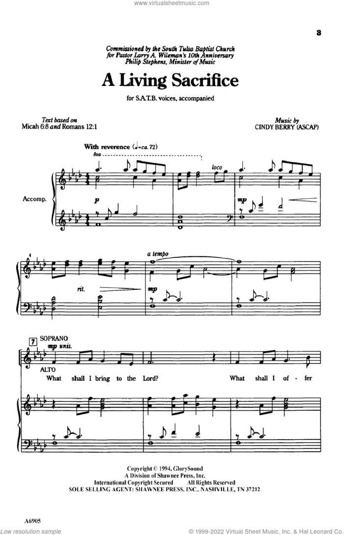 A Living Sacrifice sheet music for choir (SATB: soprano, alto, tenor, bass) by Cindy Berry, intermediate skill level