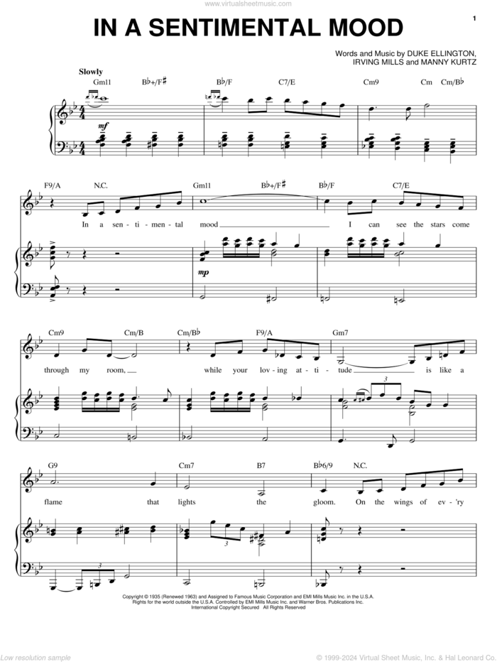 In A Sentimental Mood sheet music for voice and piano by Duke Ellington, Irving Mills and Manny Kurtz, intermediate skill level