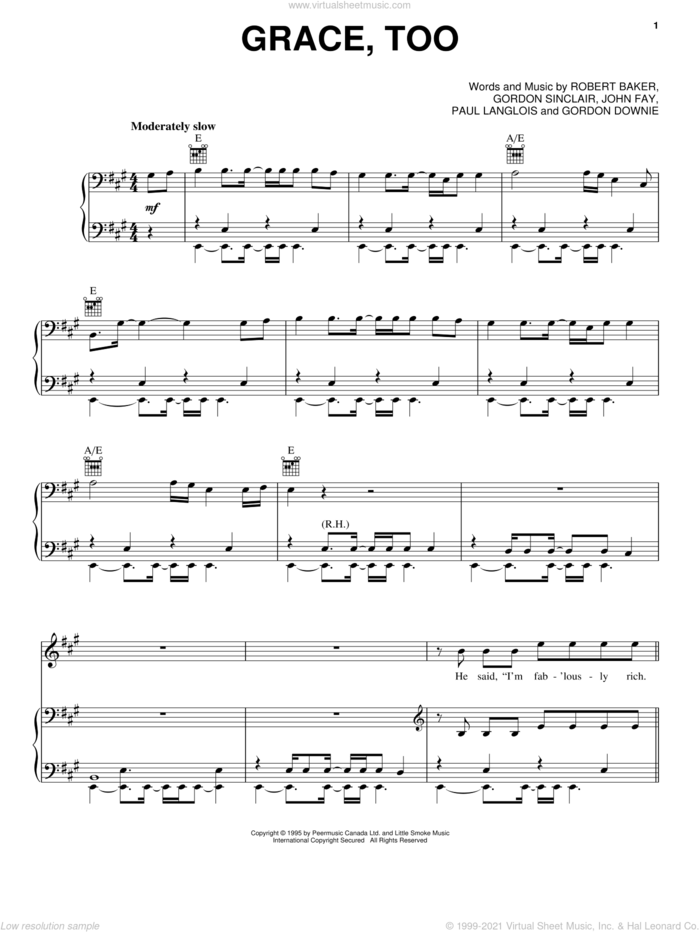Grace, Too sheet music for voice, piano or guitar by Tragically Hip, Gordon Sinclair, John Fay and Robert Baker, intermediate skill level