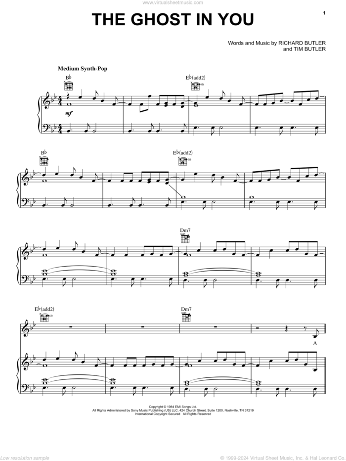 The Ghost In You sheet music for voice, piano or guitar by Psychedelic Furs, Richard Butler and Tim Butler, intermediate skill level