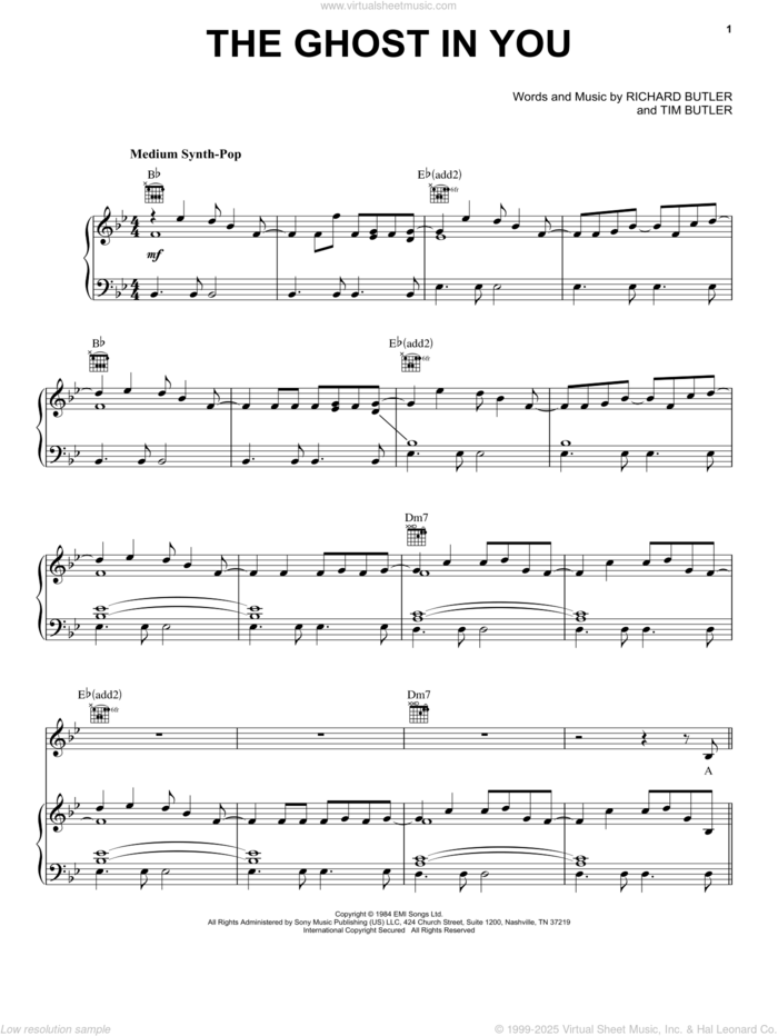 The Ghost In You sheet music for voice, piano or guitar by Psychedelic Furs, Richard Butler and Tim Butler, intermediate skill level