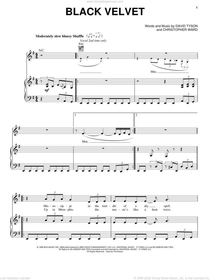 Black Velvet sheet music for voice, piano or guitar by Alannah Myles, Christopher Ward and David Tyson, intermediate skill level