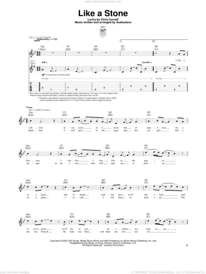 Like A Stone sheet music for guitar (tablature) by Audioslave and Chris Cornell, intermediate skill level