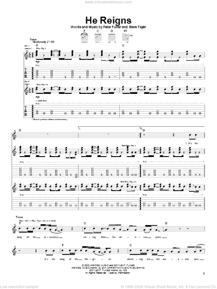 He Reigns sheet music for guitar (tablature) by Newsboys, Peter Furler and Steve Taylor, intermediate skill level