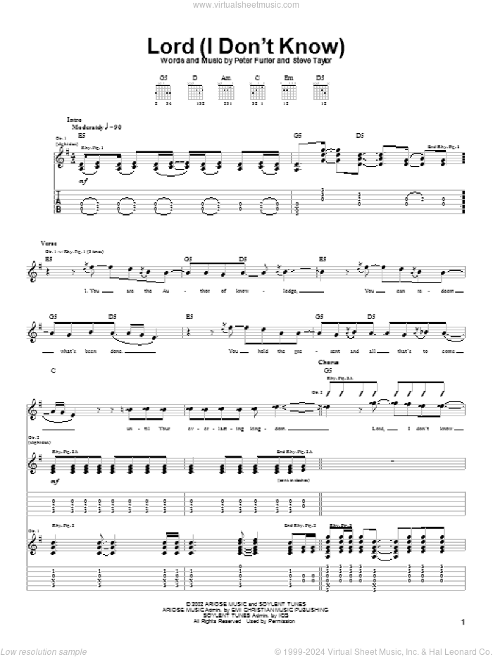 Lord (I Don't Know) sheet music for guitar (tablature) by Newsboys, Peter Furler and Steve Taylor, intermediate skill level