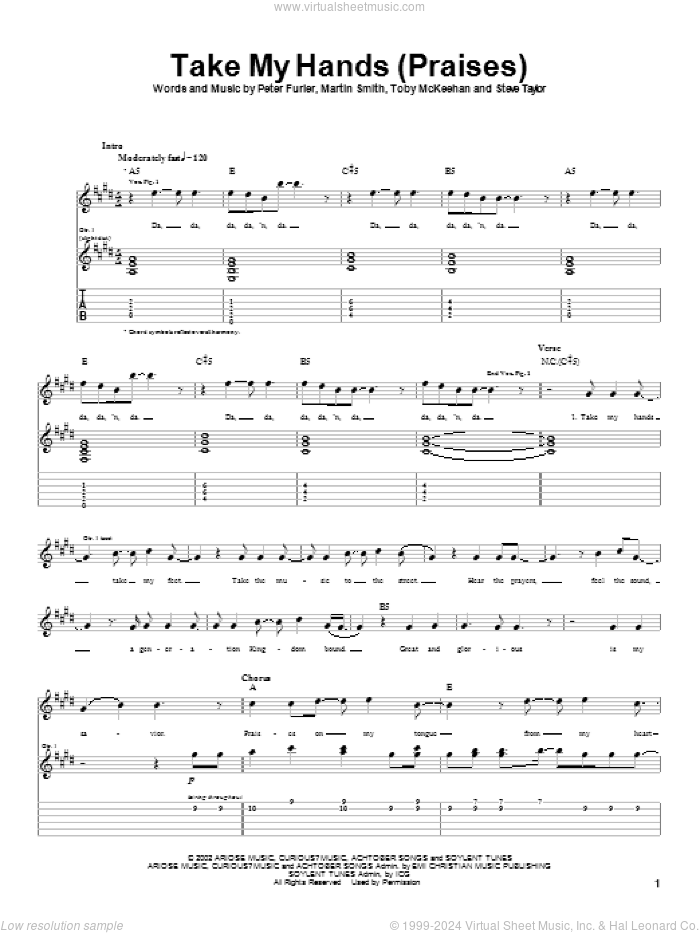 Take My Hands (Praises) sheet music for guitar (tablature) by Newsboys, Martin Smith, Peter Furler and Toby McKeehan, intermediate skill level