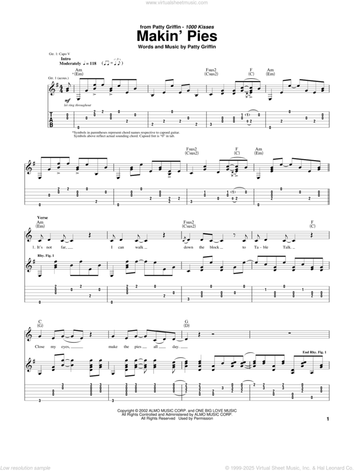 Makin' Pies sheet music for guitar (tablature) by Patty Griffin, intermediate skill level