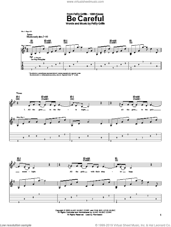 Be Careful sheet music for guitar (tablature) by Patty Griffin, intermediate skill level