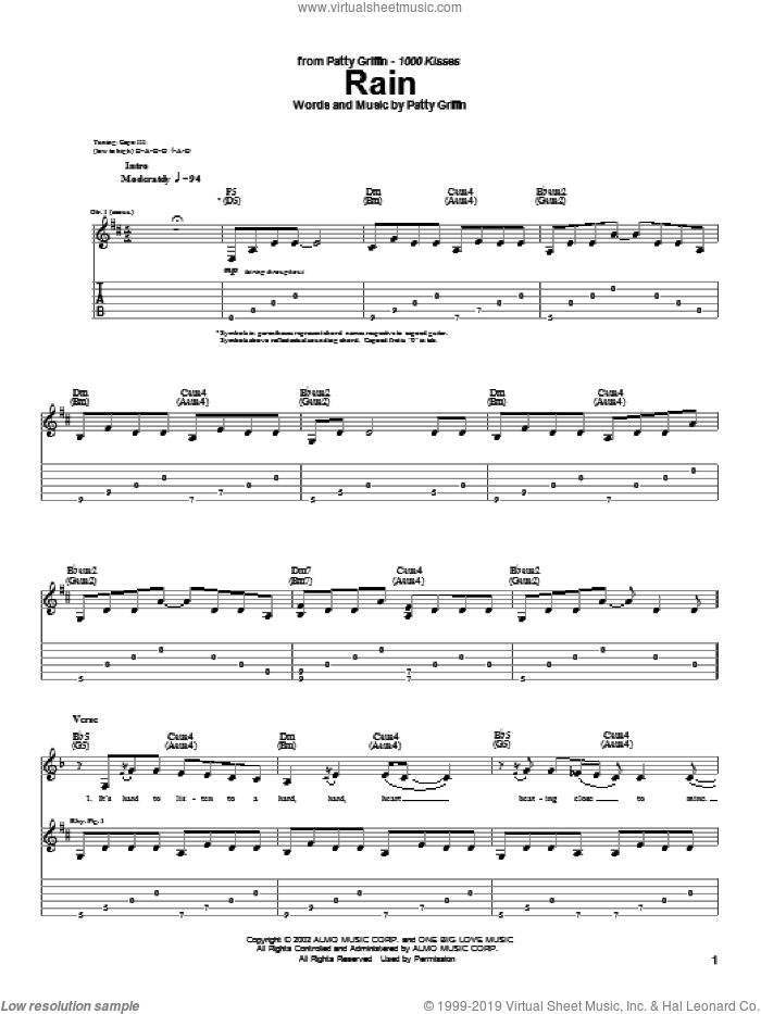 Rain sheet music for guitar (tablature) by Patty Griffin, intermediate skill level
