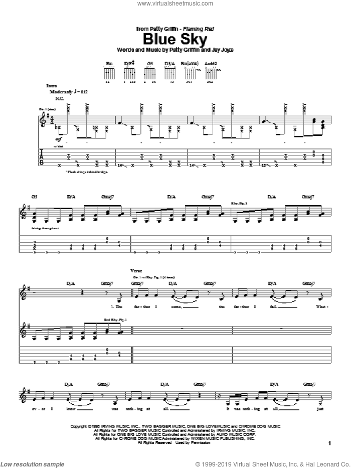Blue Sky sheet music for guitar (tablature) by Patty Griffin and Jay Joyce, intermediate skill level