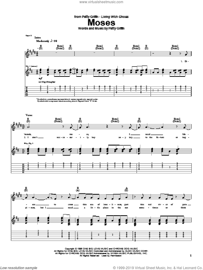 Moses sheet music for guitar (tablature) by Patty Griffin, intermediate skill level