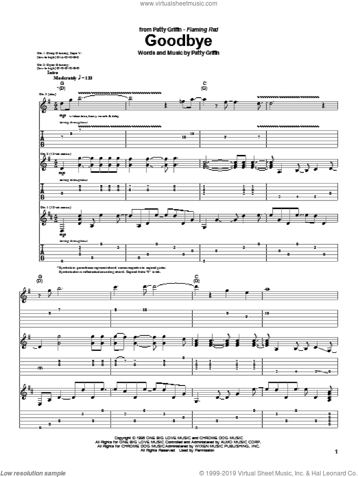 Goodbye sheet music for guitar (tablature) by Patty Griffin, intermediate skill level