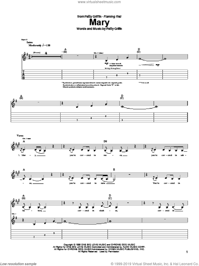 Mary sheet music for guitar (tablature) by Patty Griffin, intermediate skill level