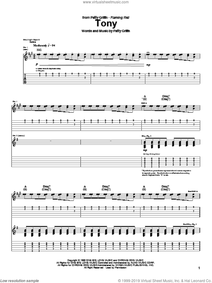 Tony sheet music for guitar (tablature) by Patty Griffin, intermediate skill level