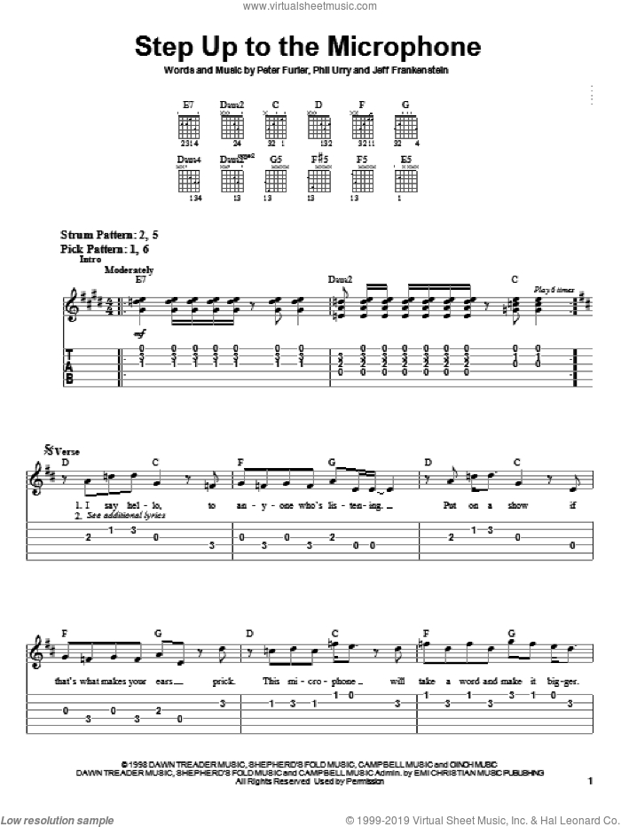 Step Up To The Microphone sheet music for guitar solo (easy tablature) by Newsboys, Jeff Frankenstein, Peter Furler and Phil Urry, easy guitar (easy tablature)