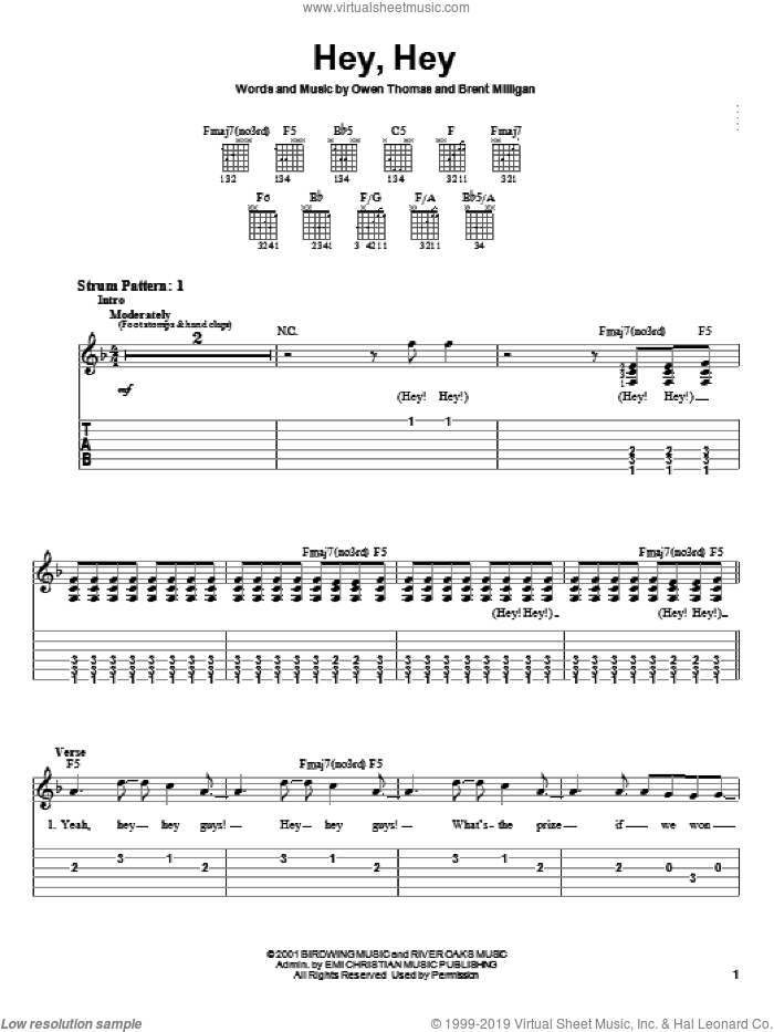 Hey, Hey sheet music for guitar solo (easy tablature) by The Elms, Brent Milligan and Owen Thomas, easy guitar (easy tablature)