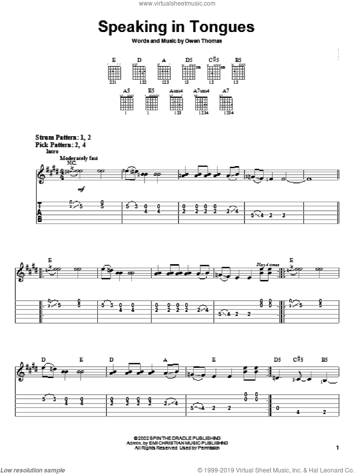 Speaking In Tongues sheet music for guitar solo (easy tablature) by The Elms and Owen Thomas, easy guitar (easy tablature)