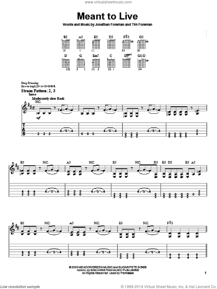 Meant To Live sheet music for guitar solo (easy tablature) by Switchfoot, Jonathan Foreman and Tim Foreman, easy guitar (easy tablature)