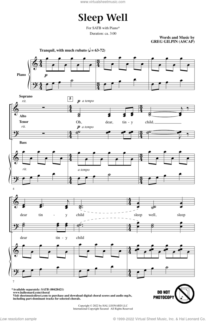 Sleep Well sheet music for choir (SATB: soprano, alto, tenor, bass) by Greg Gilpin, intermediate skill level
