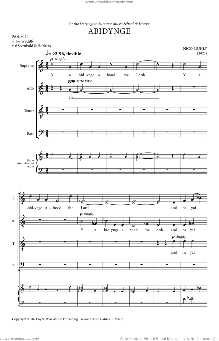 Abidynge sheet music for choir (SATB: soprano, alto, tenor, bass) by Nico Muhly, classical score, intermediate skill level