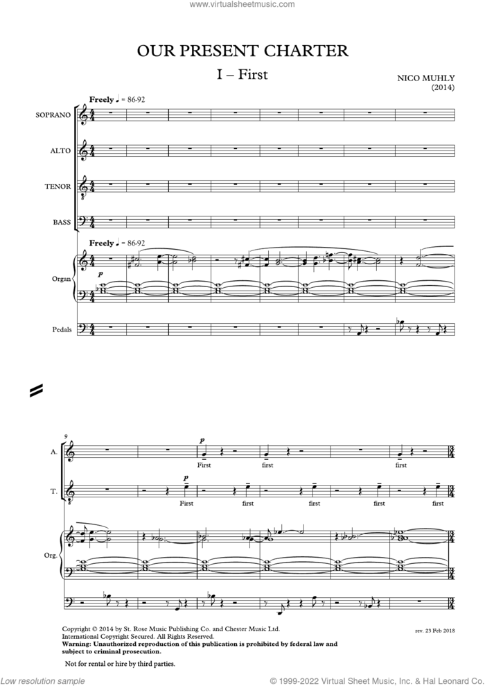 Our Present Charter sheet music for choir (SATB: soprano, alto, tenor, bass) by Nico Muhly, classical score, intermediate skill level