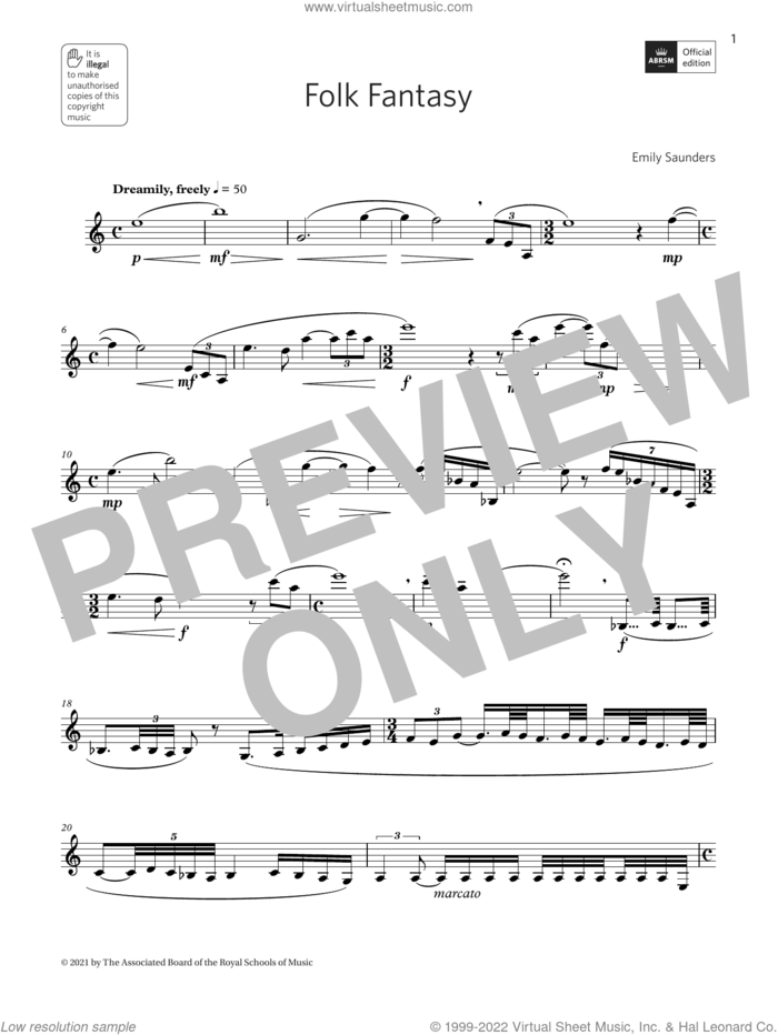 Folk Fantasy sheet music for clarinet solo by Emily Saunders, classical score, intermediate skill level