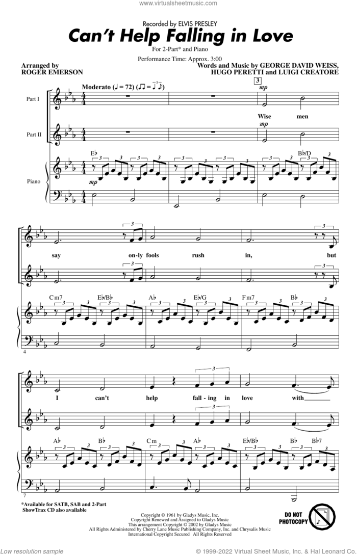 Can't Help Falling In Love (arr. Roger Emerson) sheet music for choir (2-Part) by Elvis Presley, Roger Emerson, George David Weiss, Hugo Peretti and Luigi Creatore, wedding score, intermediate duet