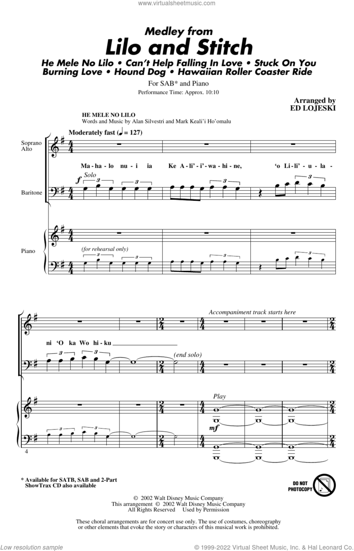 Lilo And Stitch (Medley) sheet music for choir (SAB: soprano, alto, bass) by Ed Lojeski, intermediate skill level
