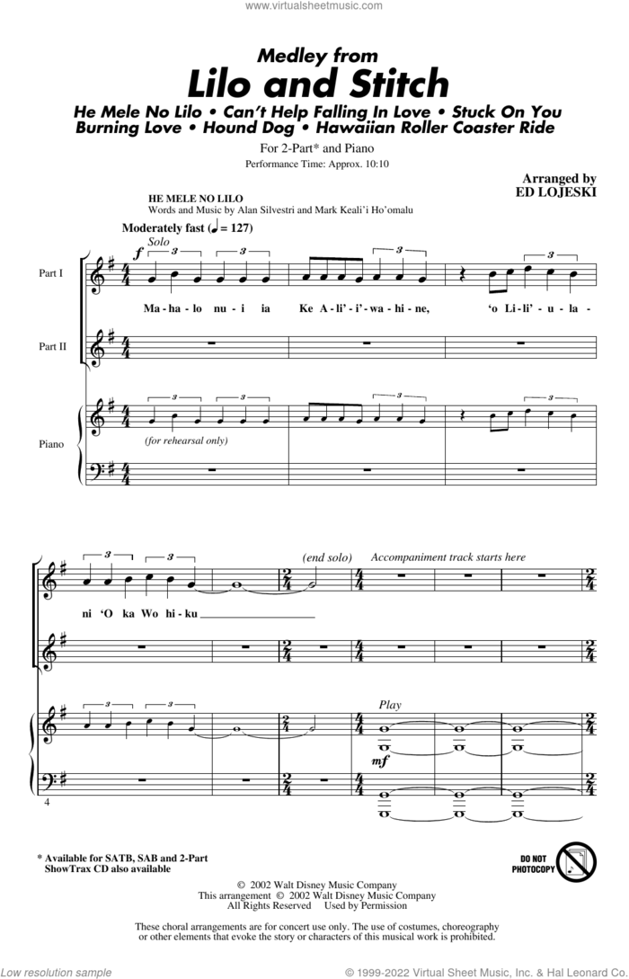 Lilo And Stitch (Medley) sheet music for choir (2-Part) by Ed Lojeski, intermediate duet